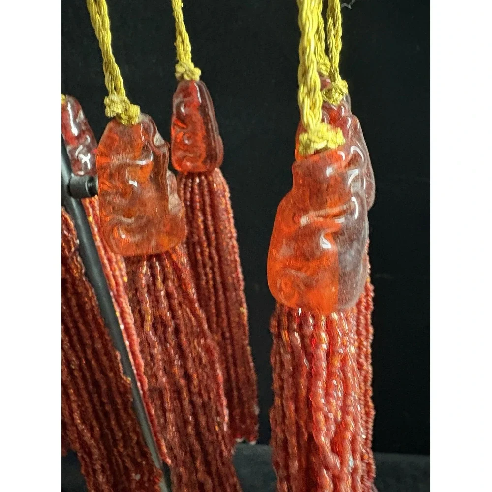 Lot Of 12 Red Glass‎ Bead Tassel Ornaments Vintage Christmas Gold String